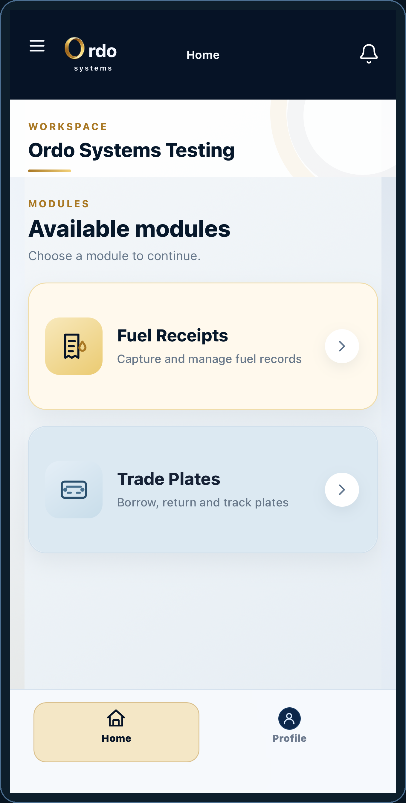 Ordo Systems iOS testing workspace with Fuel Receipts and Trade Plates modules